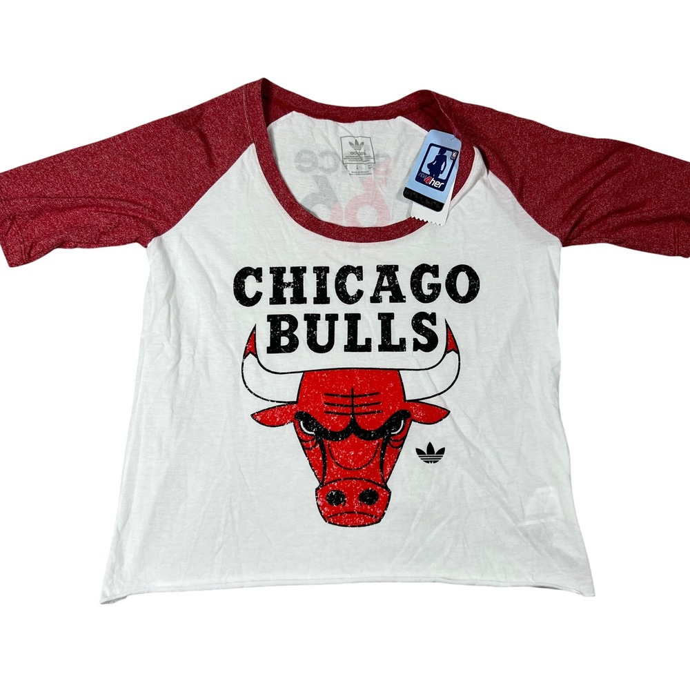 Adidas Chicago Bulls NBA 4Her Small Womens Raglan 3/4 Sleeve Shirt White Red